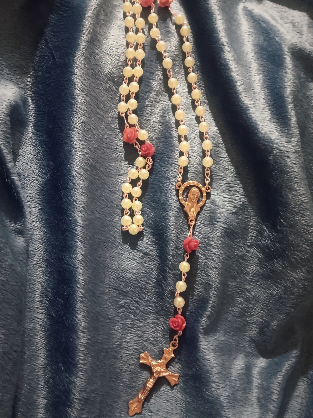 Catholic Rosary with Cream Beads and Red Rose Accents